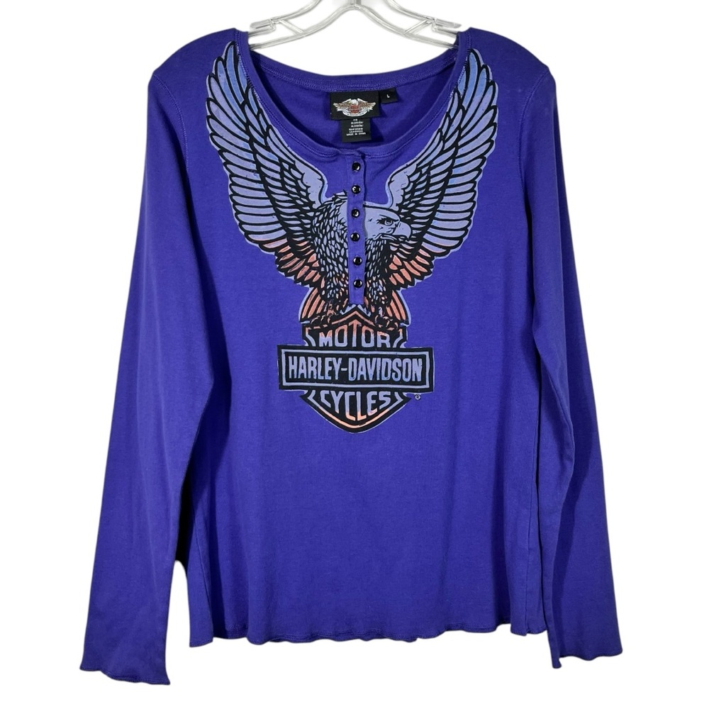 Harley-Davidson Y2K Henley Purple Eagle Graphic Fitted Long Sleeve Top Large L